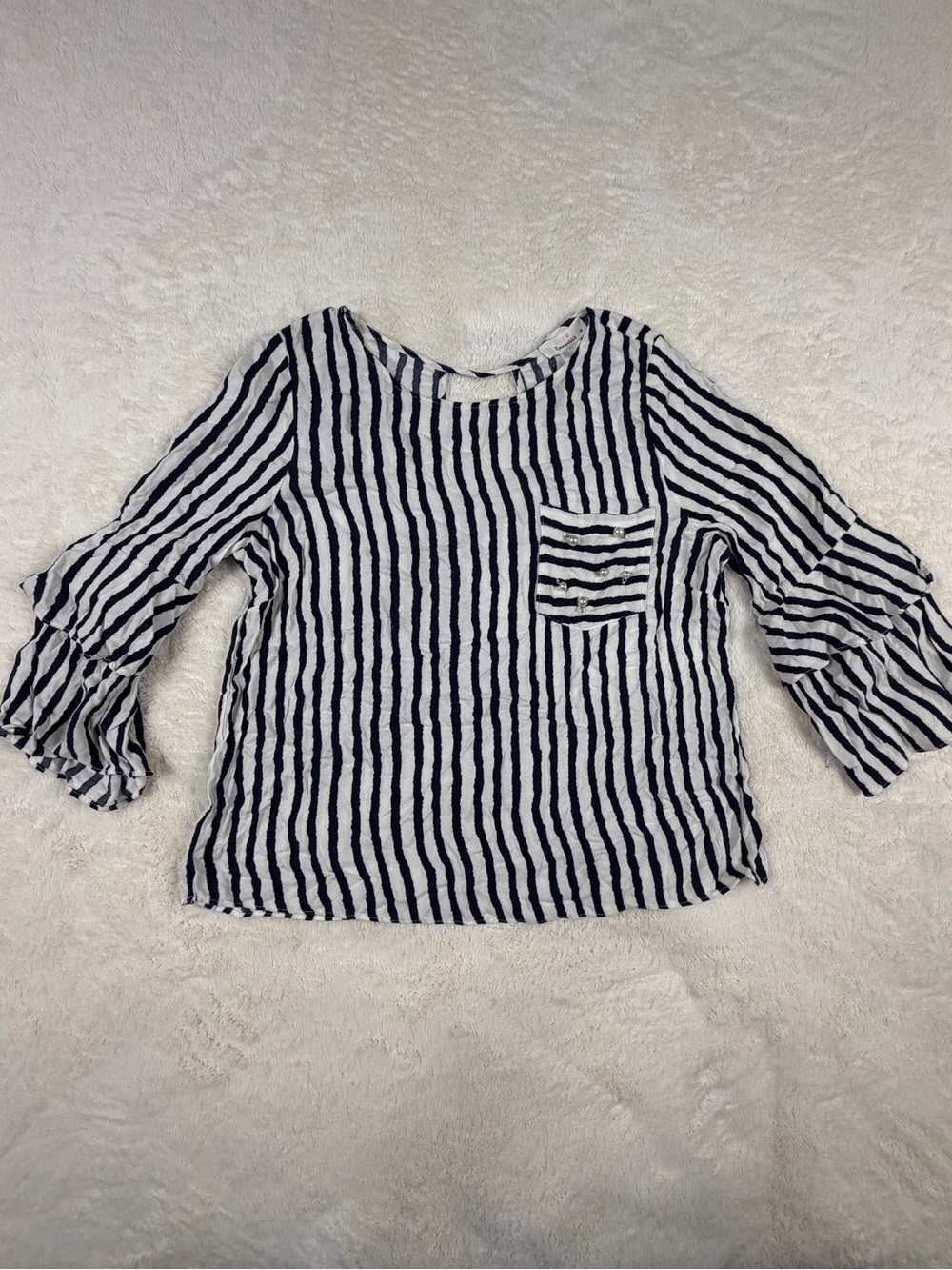 URBAN Romantics Navy and White Striped Ruffle-Sleeve Top M